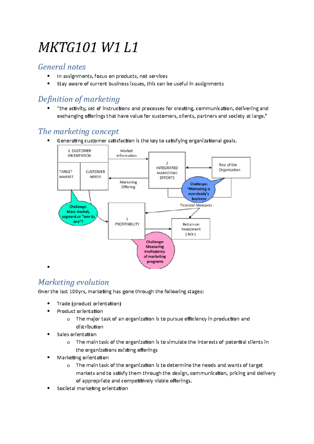 MKTG101 Lecture Notes covering Week 1 - 10 - MKTG101 W1 L General notes ...