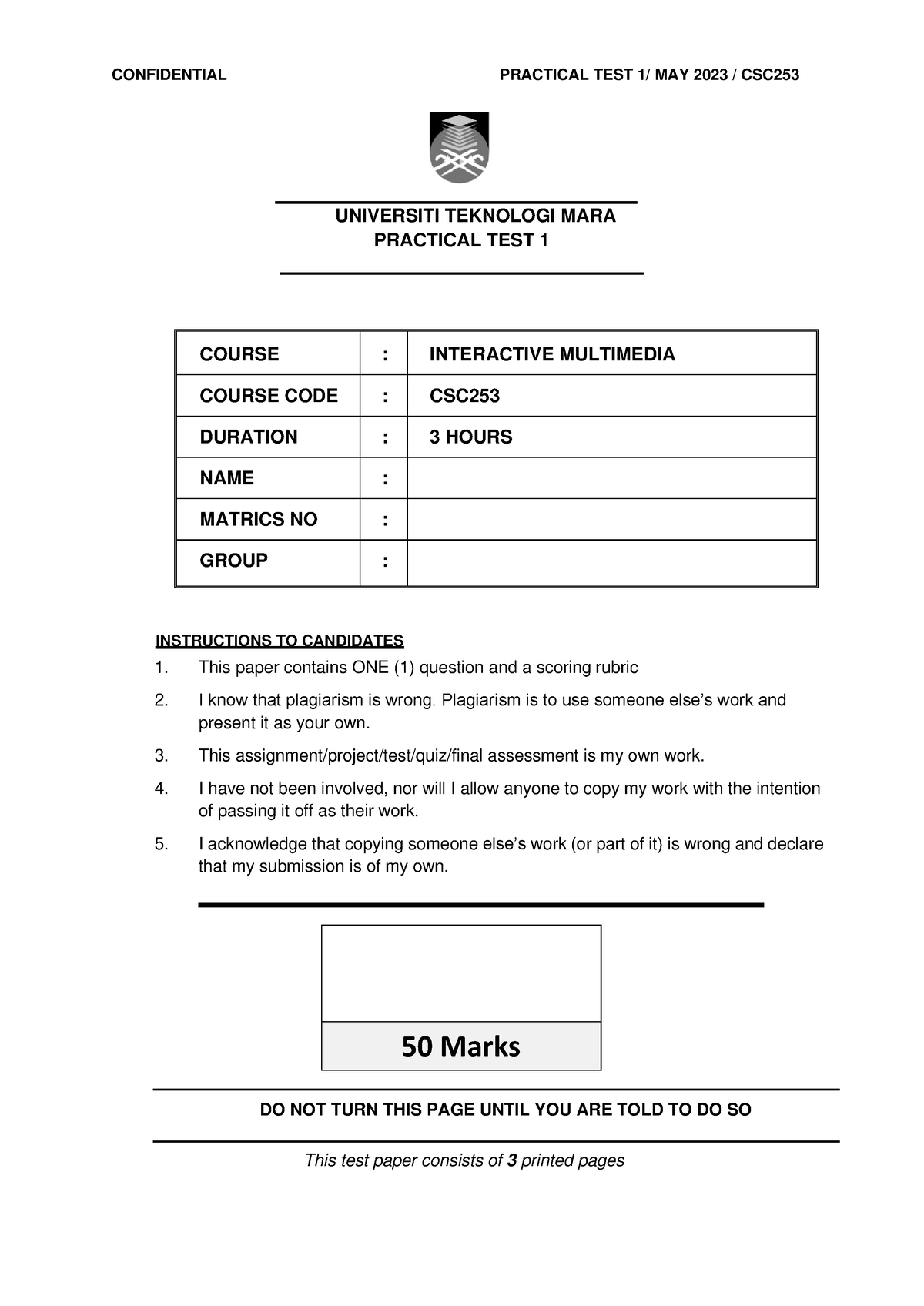 CSC253 Lab Test 1 Question N Rubric - CONFIDENTIAL PRACTICAL TEST 1 ...