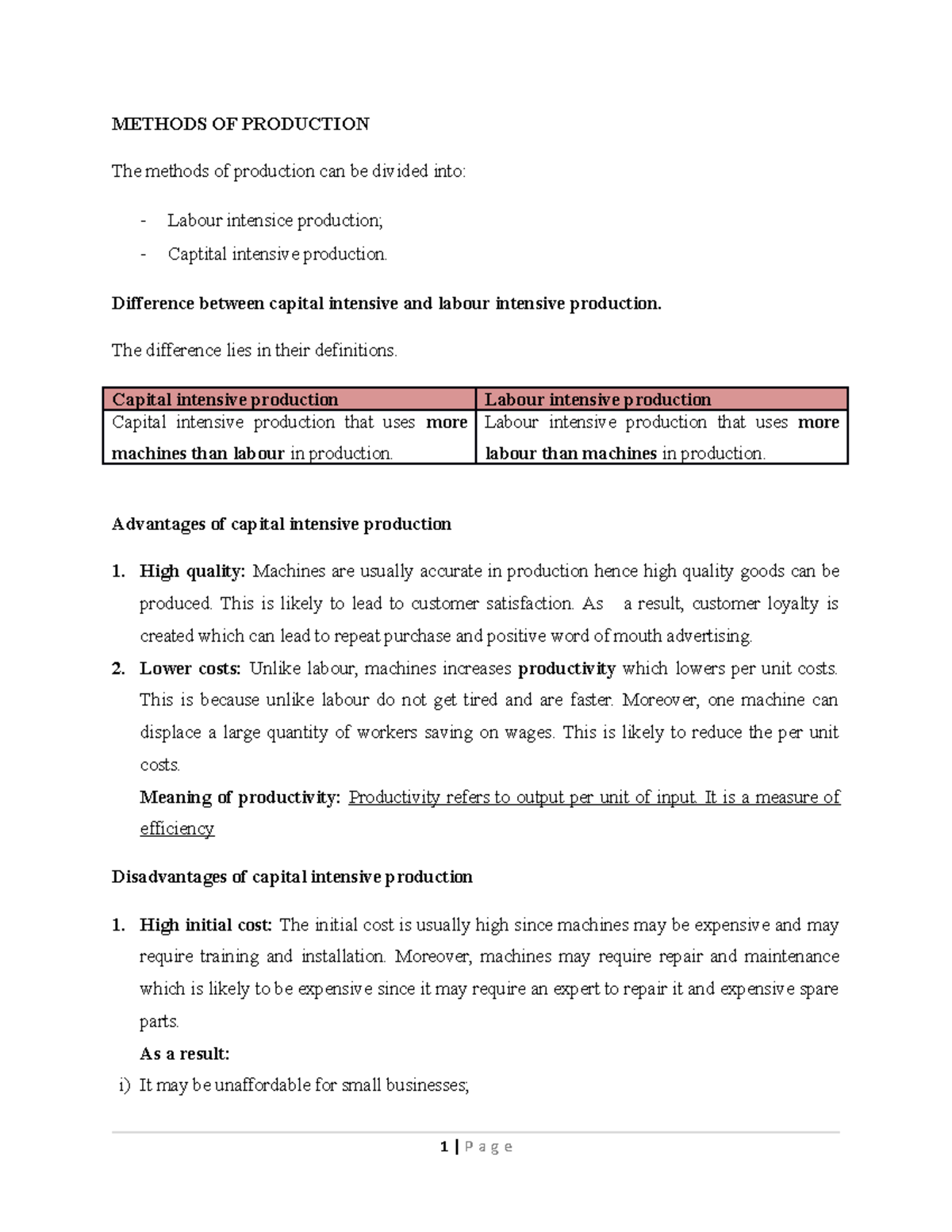 Distinction Between Labour And Capital Intensive Production