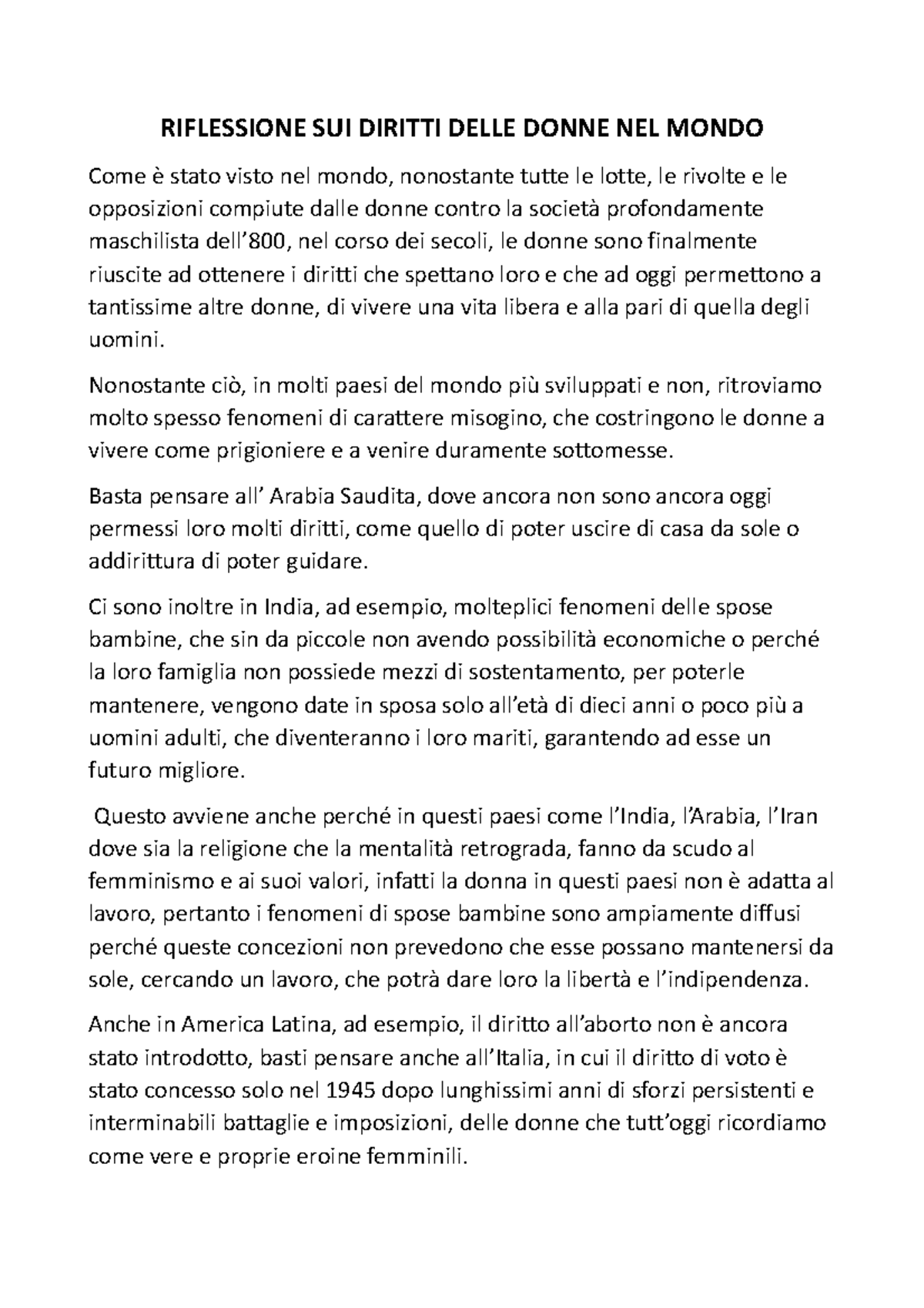 Riflessione SUI Diritti Delle Donne NEL Mondo - RIFLESSIONE SUI DIRITTI ...