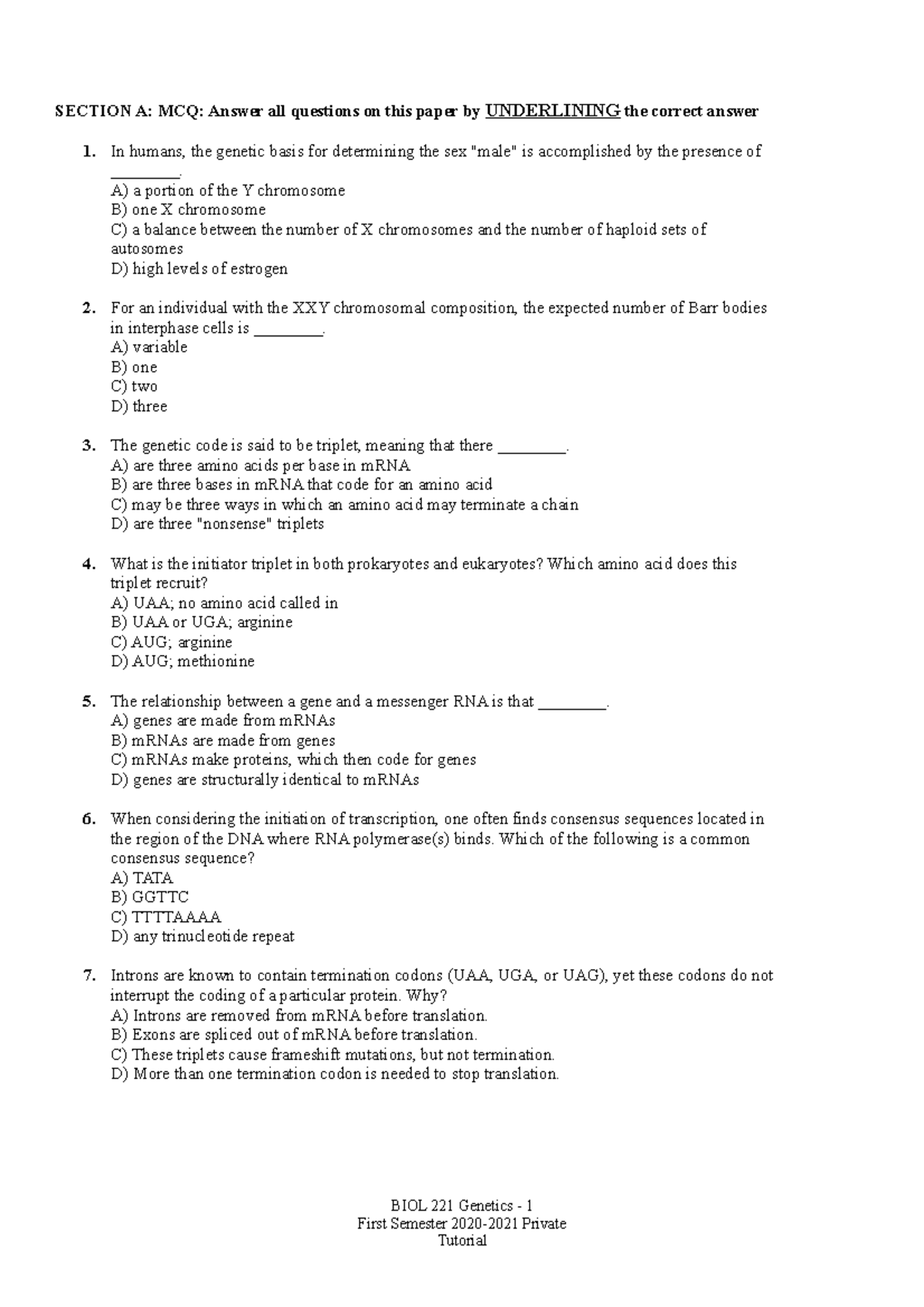 Genetics Final Examination - SECTION A: MCQ: Answer all questions on ...