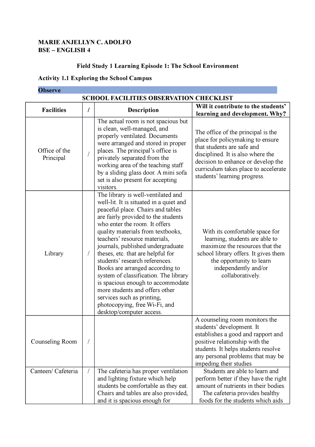 Field Study 1 Episode 1 - MARIE ANJELLYN C. ADOLFO BSE – ENGLISH 4 ...