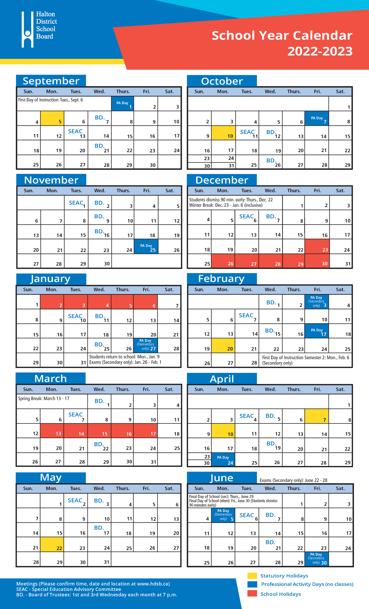 HDSB Calendar Digital 2022 2023 (SecondaryPA Day only) 6 (Elementary