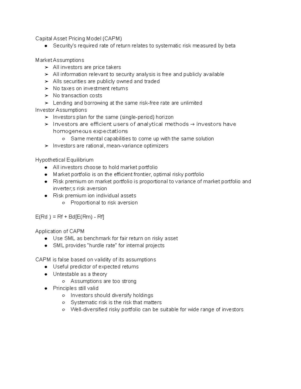 Chapter 7 - CAPM and APT - Lecture notes 1 - Capital Asset Pricing ...