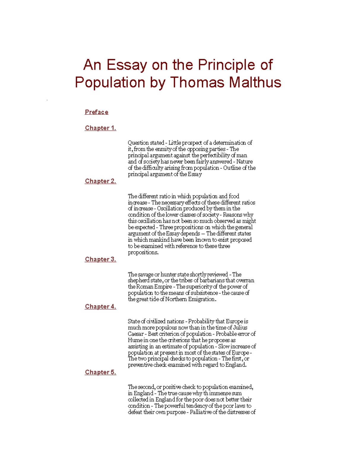 essay on principle of population summary