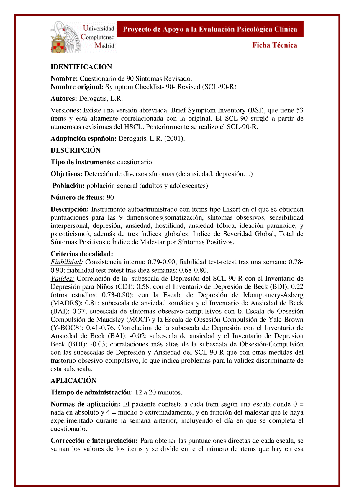 SCL-90-R - Symptom Checklist-90 - Revised - Ficha - SIN Baremos ...