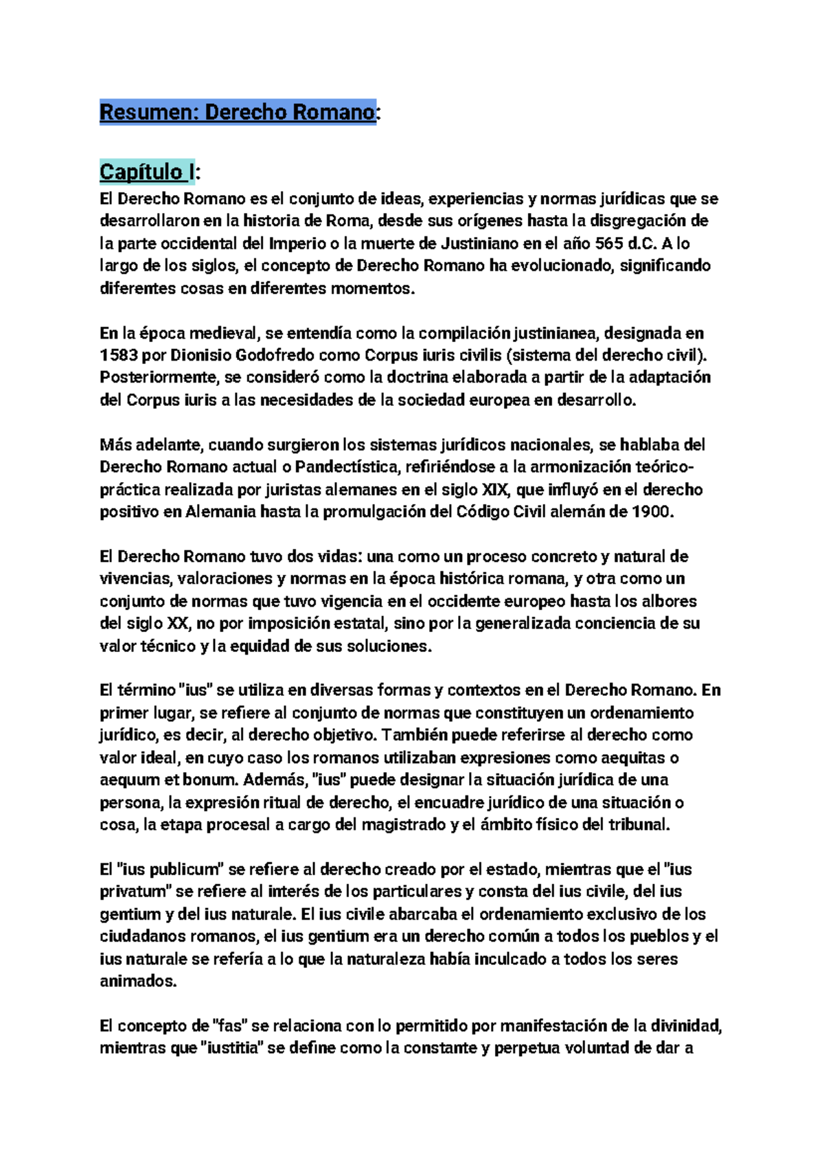 Resumen Derecho Romano - Resumen: Derecho Romano: Capítulo I: El ...