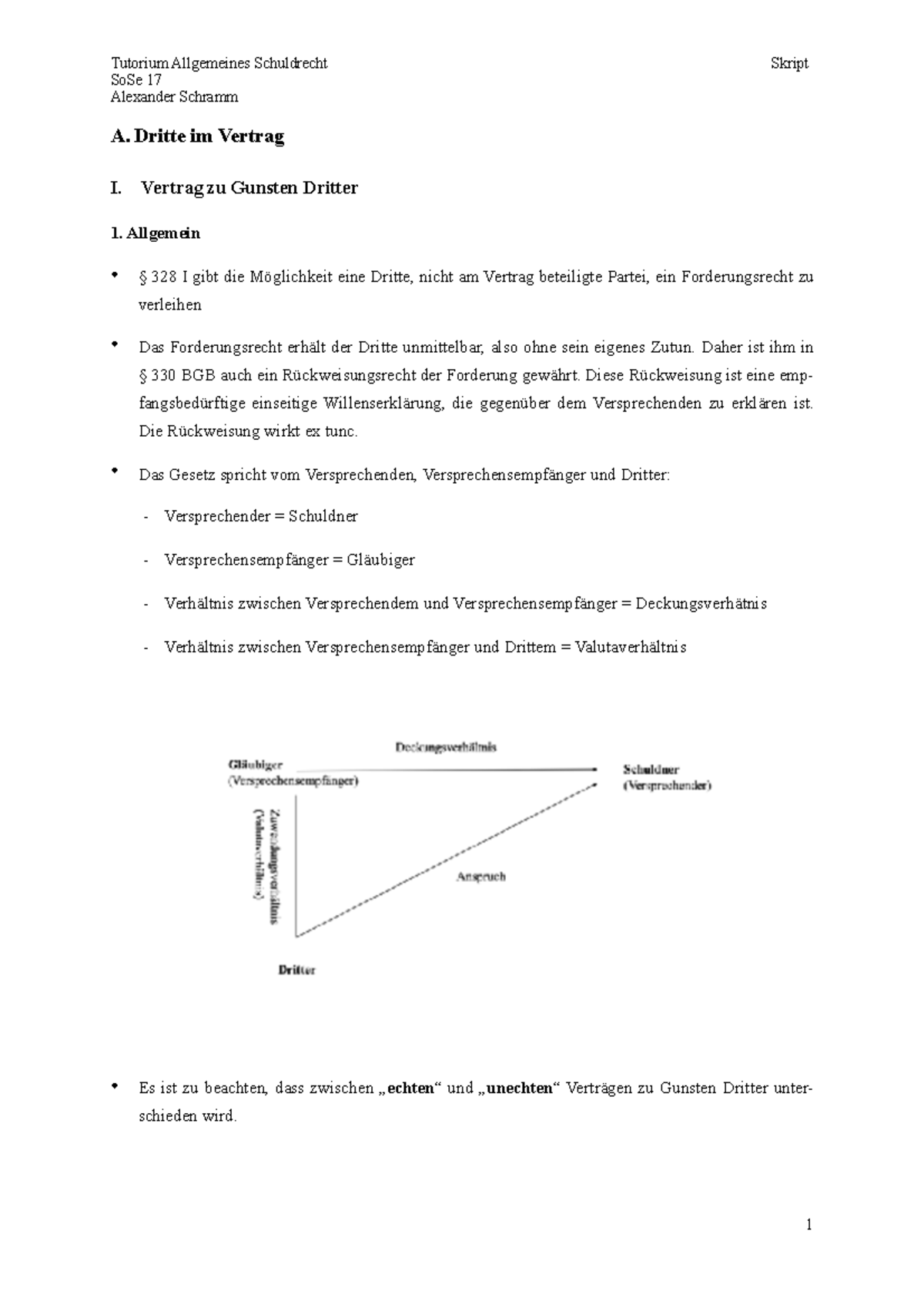 Dritte im Vertrag Tutorium Allgemeines Schuldrecht SoSe 17 Alexander Schramm Skript A. Dritte