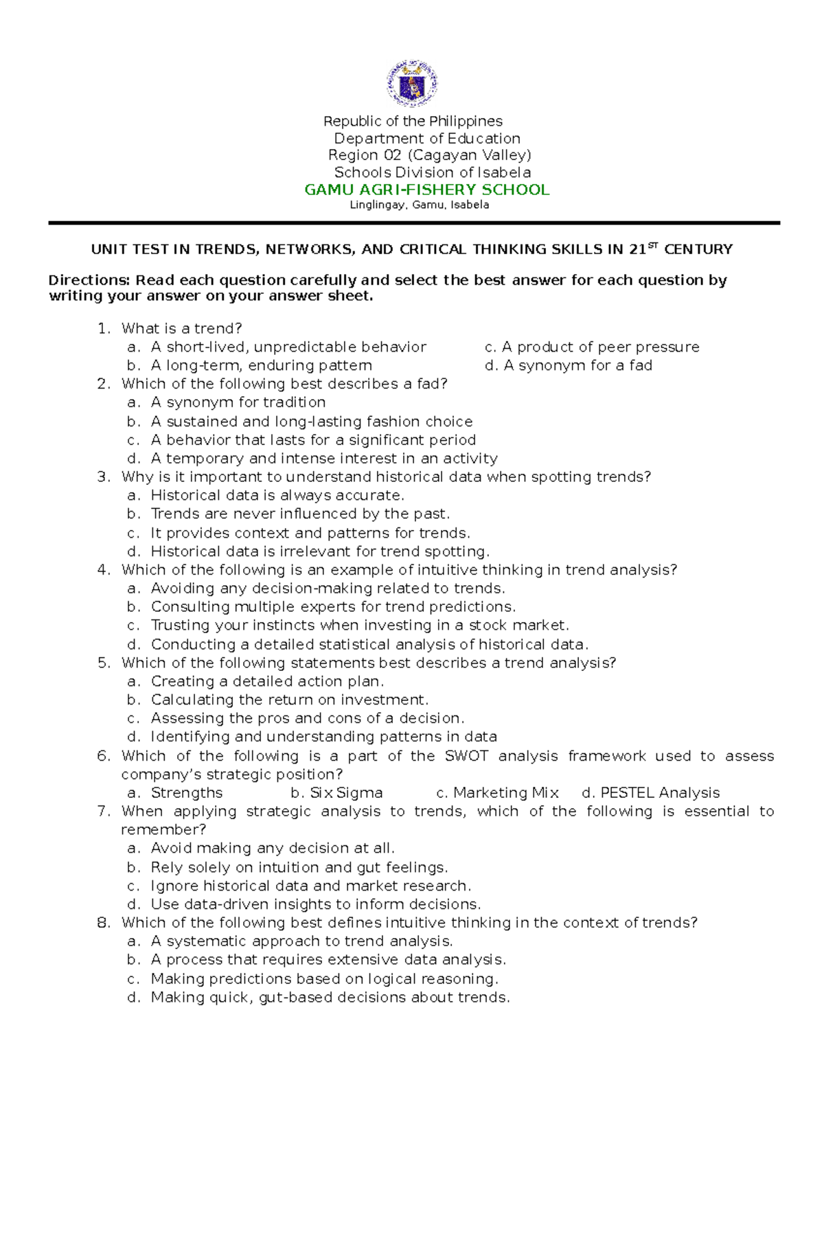 First Quarter Examination IN Trends The Best - Republic Of The ...