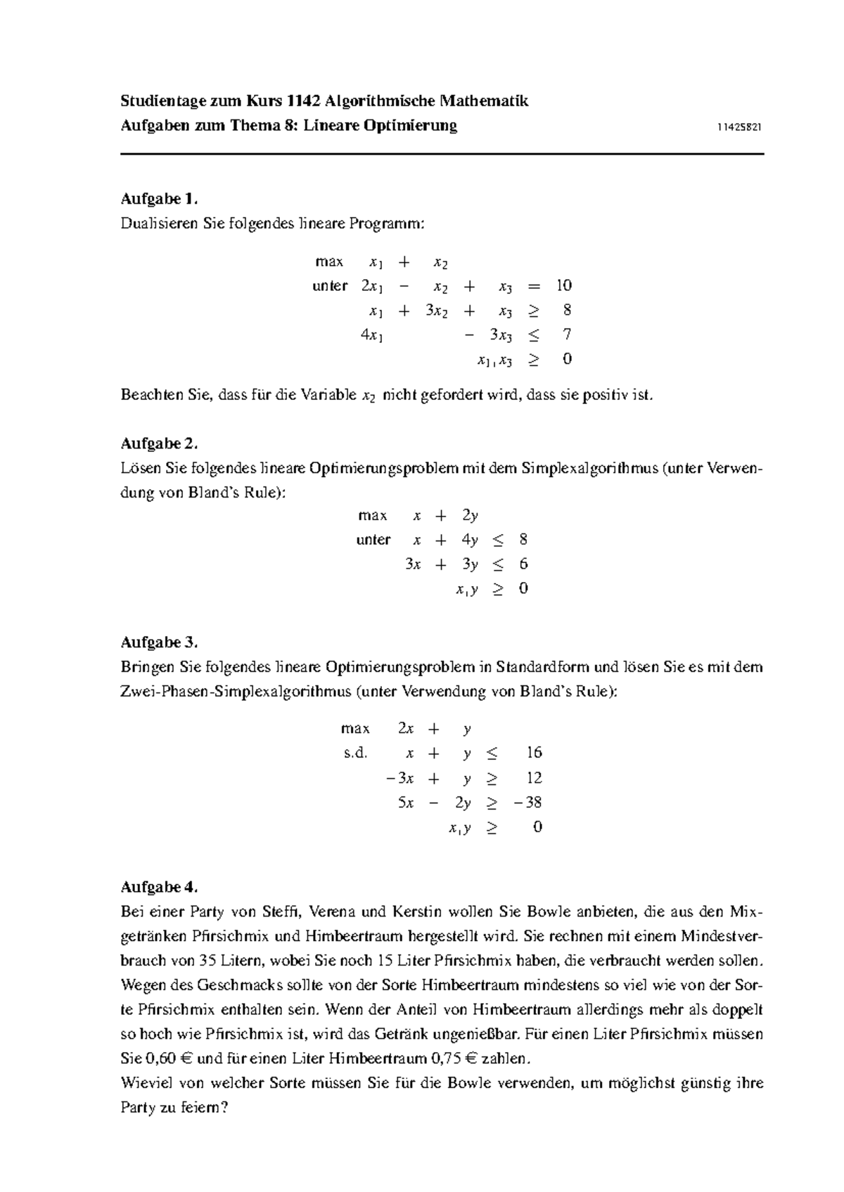 1142S821 - Praxis - Studientage zum Kurs 1142 Algorithmische Mathematik ...