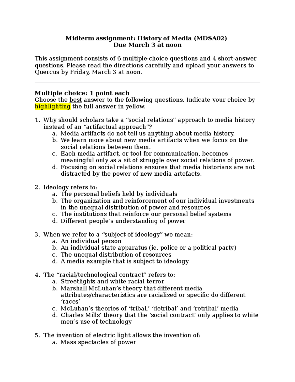Midterm MDSA02 (No Answers) - Midterm assignment: History of Media ...