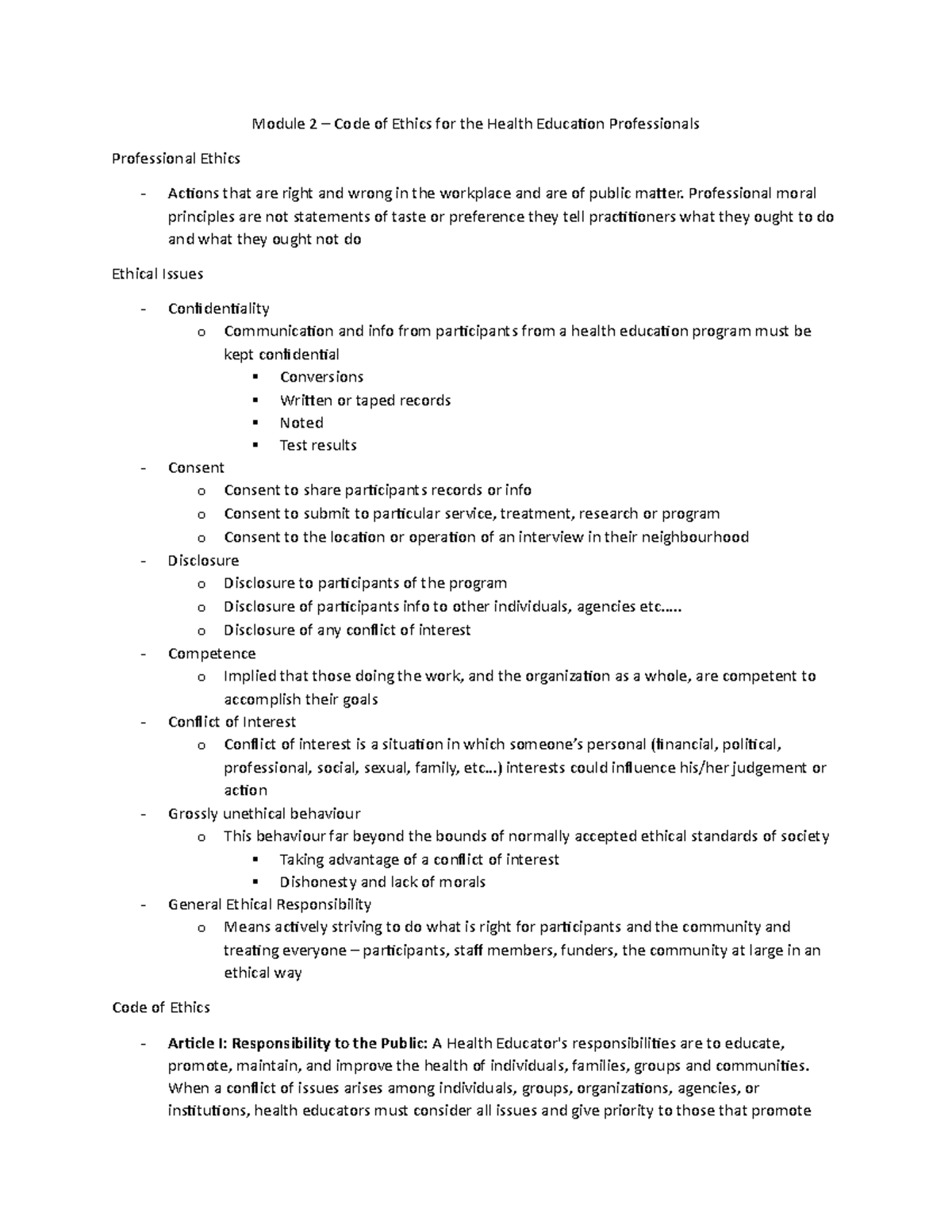 Module 2 - Code of Ethics for the Health Education Professionals ...