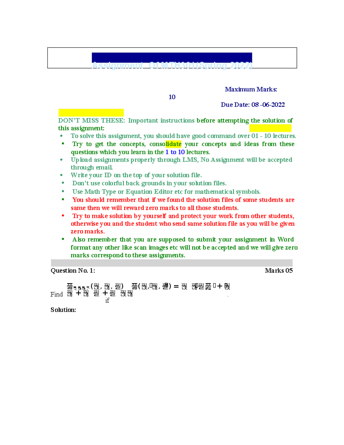 mth301 assignment 1 solution 2022 in word