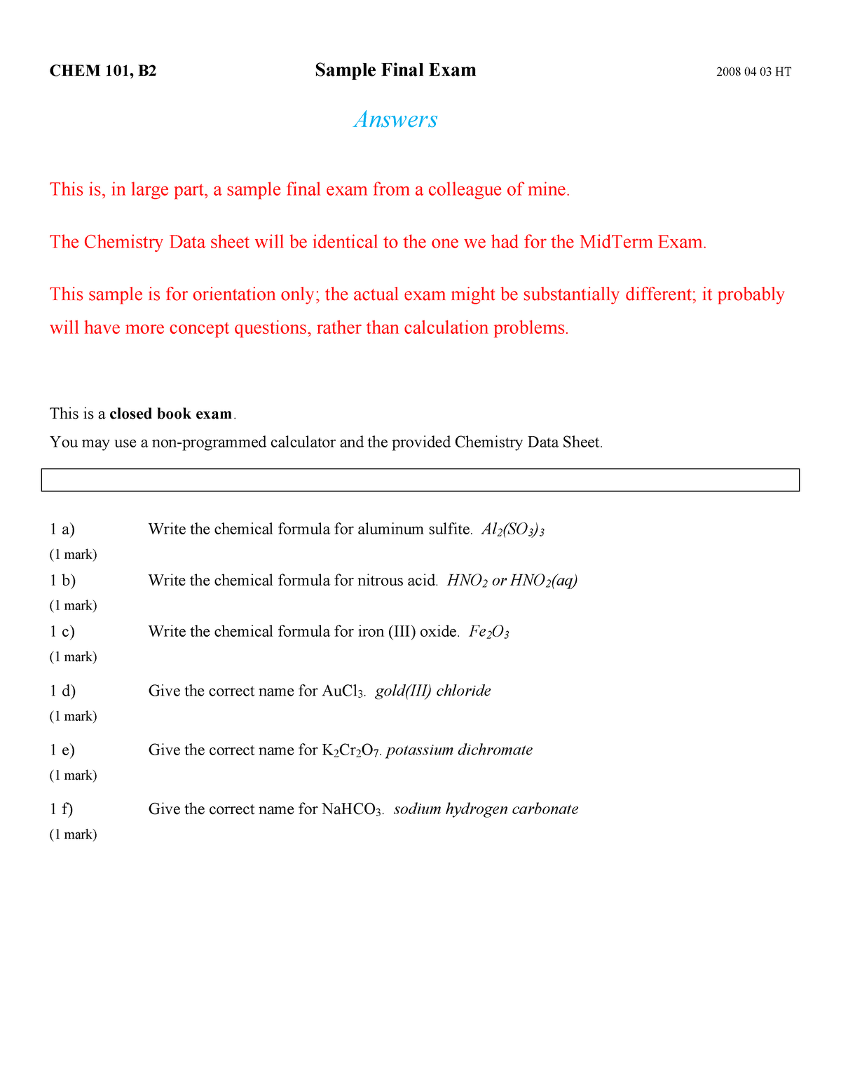 Sample Final Answsers giving a good description CHEM 101, B2 Sample