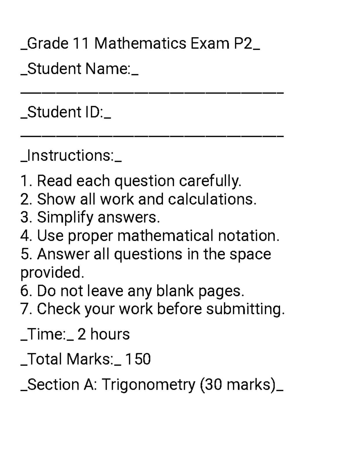 Mathamatic p2 223 - Grade 11 Mathematics Exam P2 Student Name: Student ...