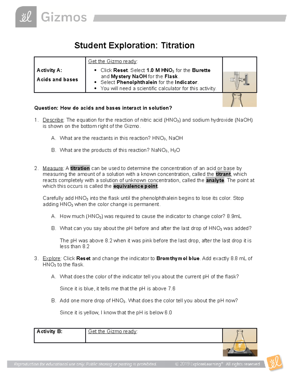 Titration Gizmo Student Exploration Titration Activity A Acids and bases Get the Gizmo ready