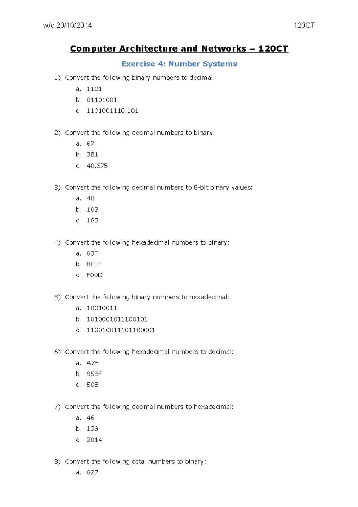 Exercise 4 Number Systems - w/c 20/10/2014 120CT Computer Architecture ...