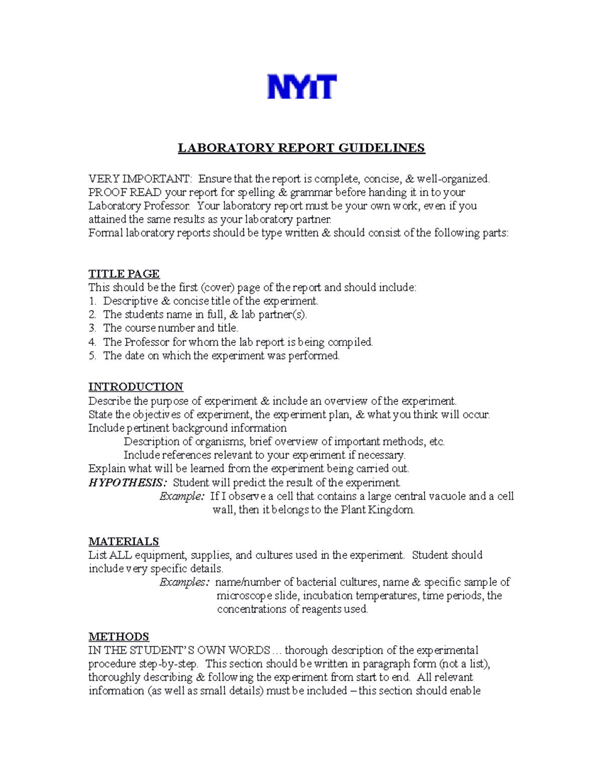 Laboratory Report Guidelines LABORATORY REPORT GUIDELINES VERY