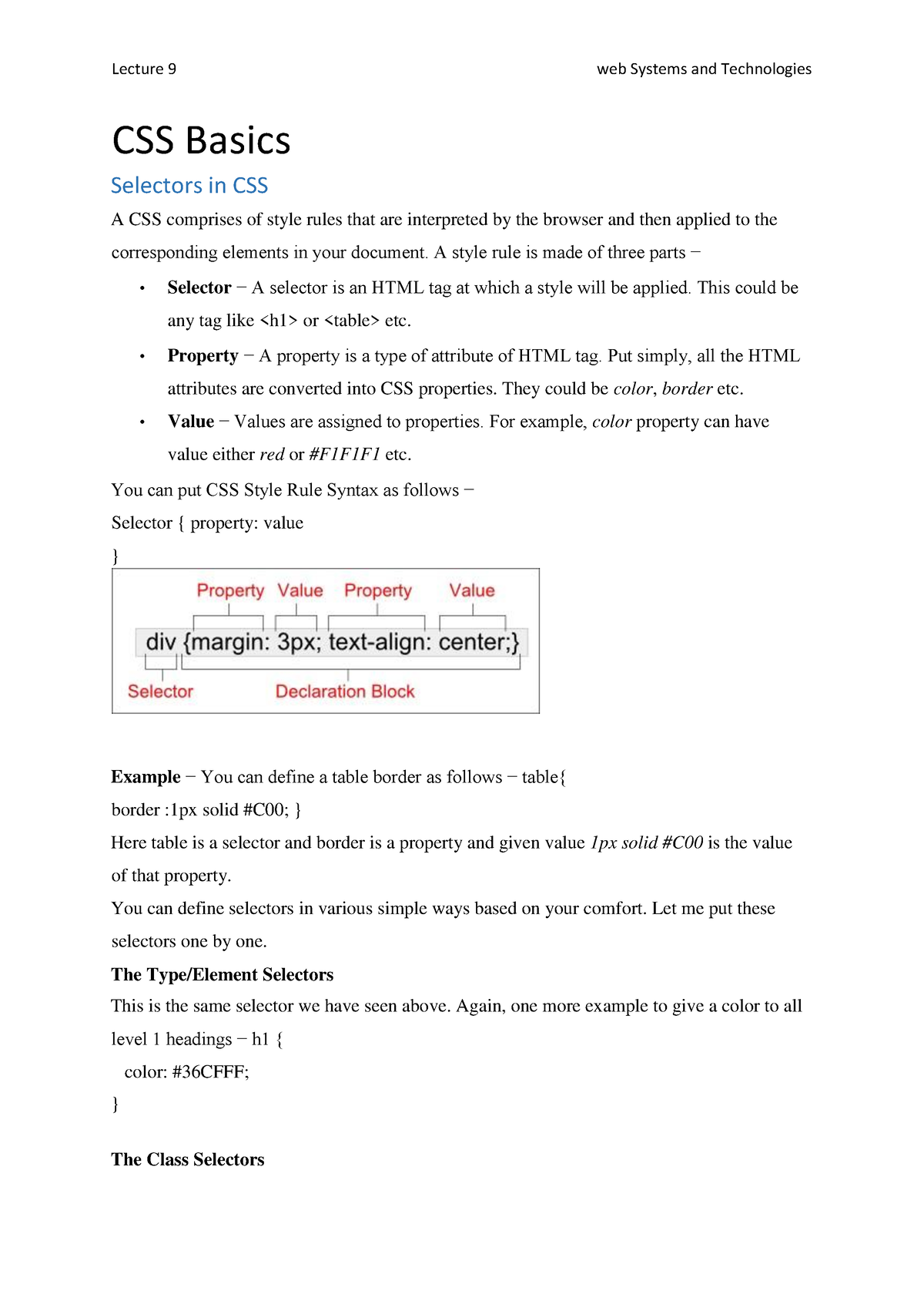 Lecture 9 CSS Basics - N/A For Now. - CSS Basics Selectors In CSS A CSS ...