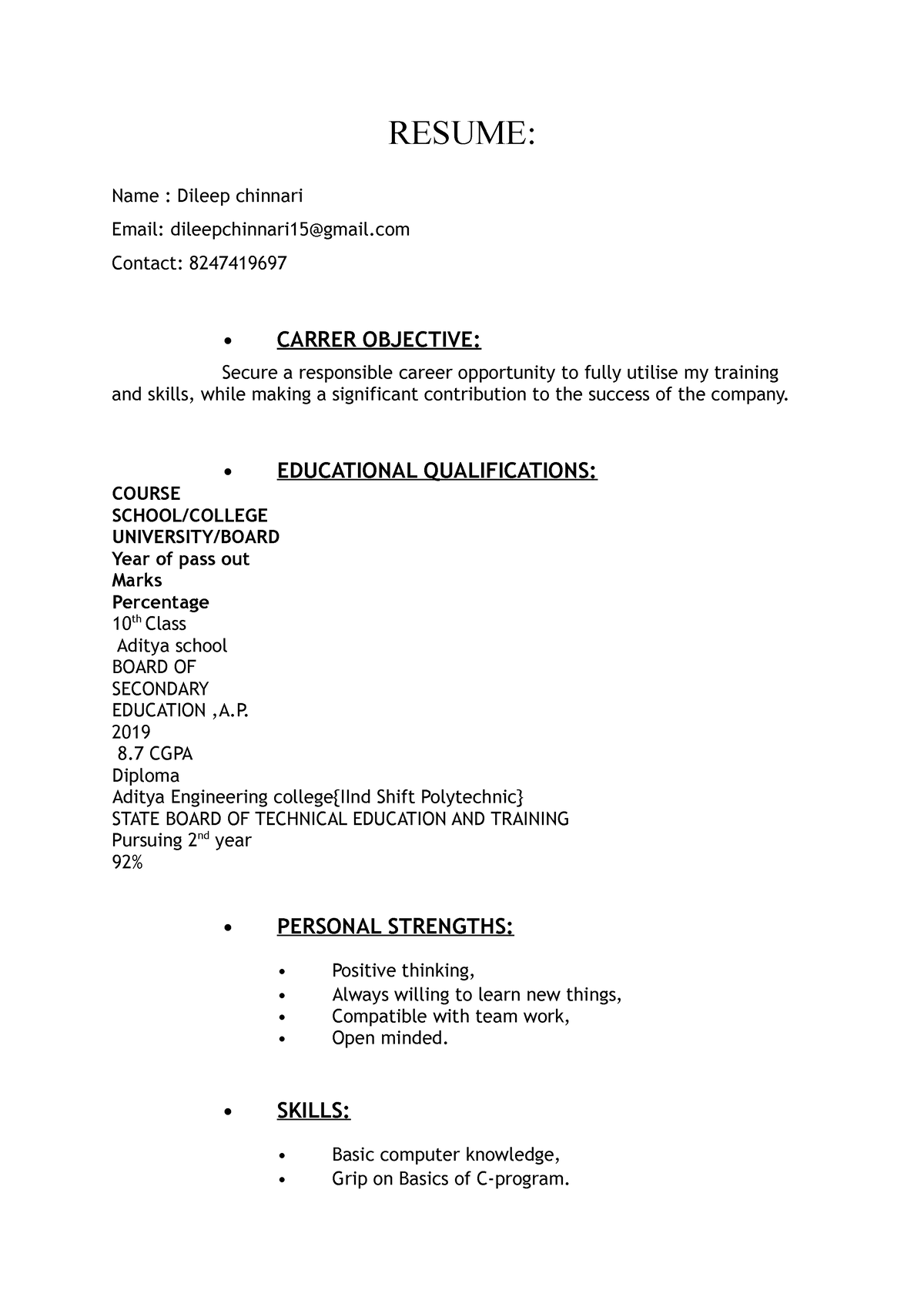 Resume format - Sample - RESUME: Name : Dileep chinnari Email ...