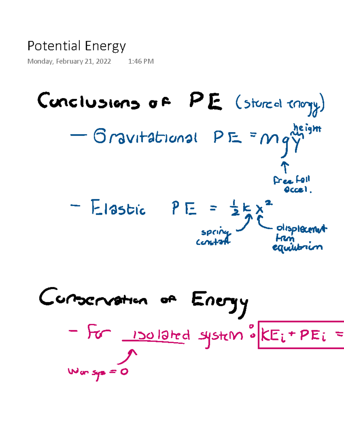 Potential Energy - Professor: Michael Dubson - PHYS 1110 - Potential ...