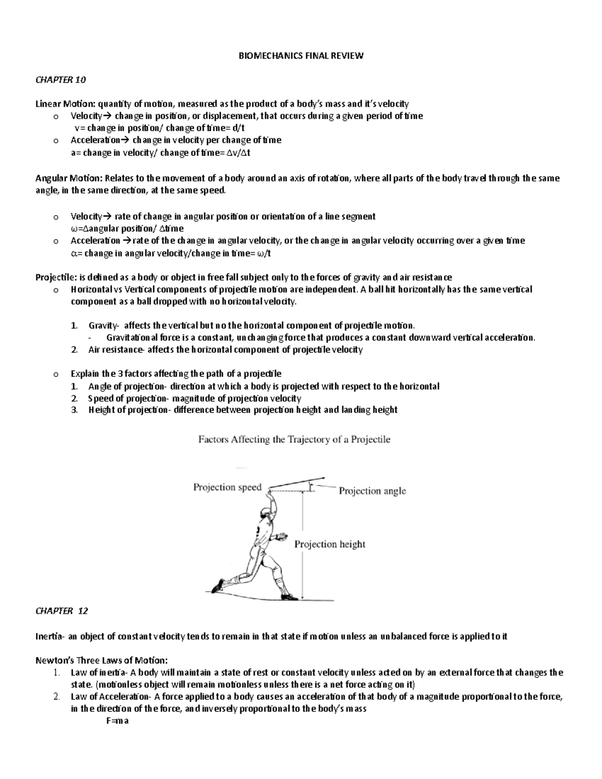 Final Review-Biomechanics - BIOMECHANICS FINAL REVIEW CHAPTER 10 Linear ...