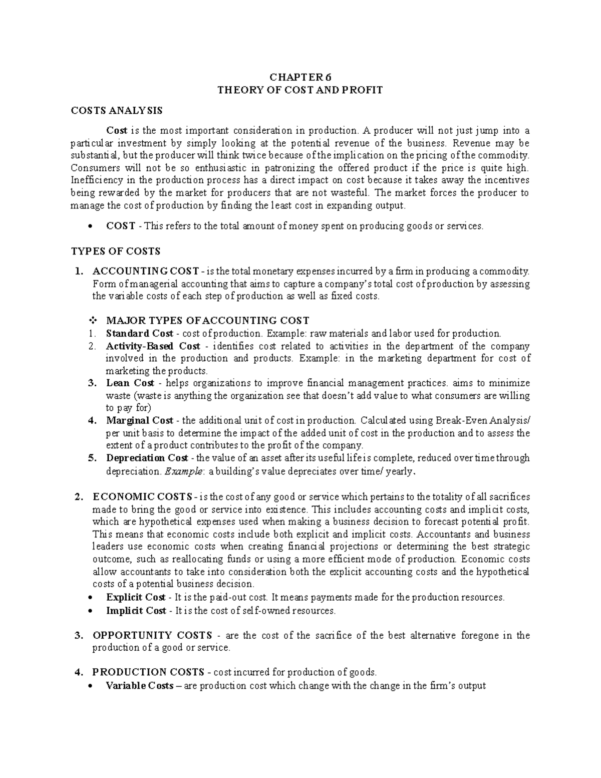 Chapter 6 - Theory of Costs and Profit - CHAPTER 6 THEORY OF COST AND ...