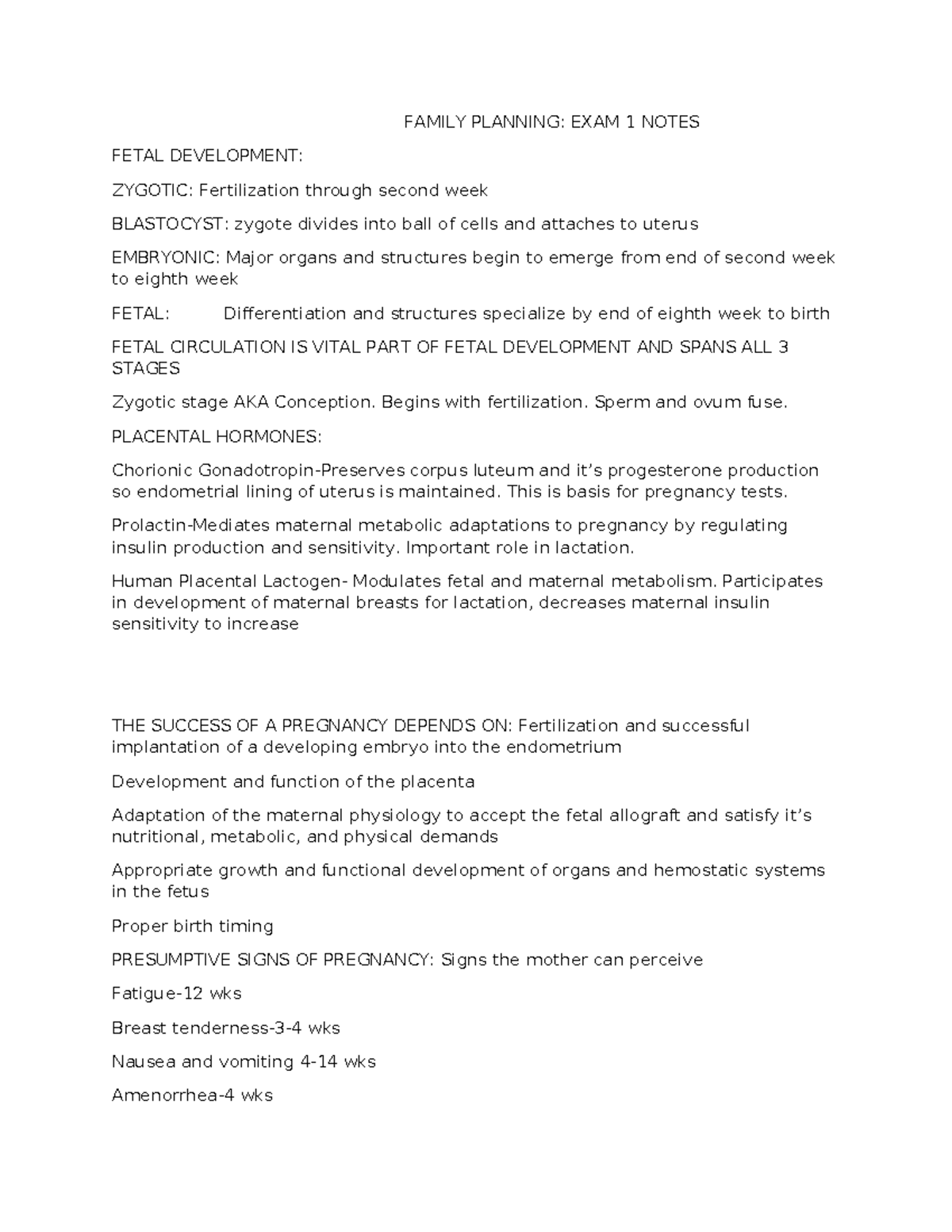 Family planning notes Exam 1 FAMILY PLANNING EXAM 1 NOTES FETAL