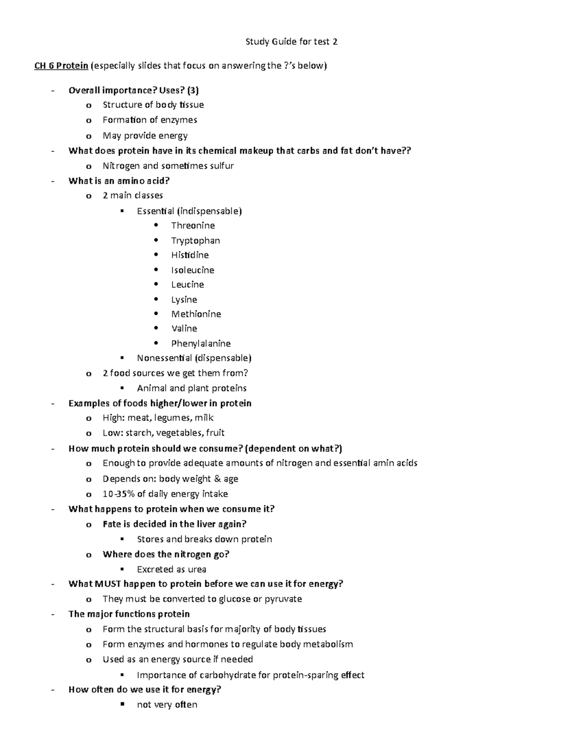 Kines 305 Study Guide for Test 2 - Study Guide for test 2 CH 6 Protein ...