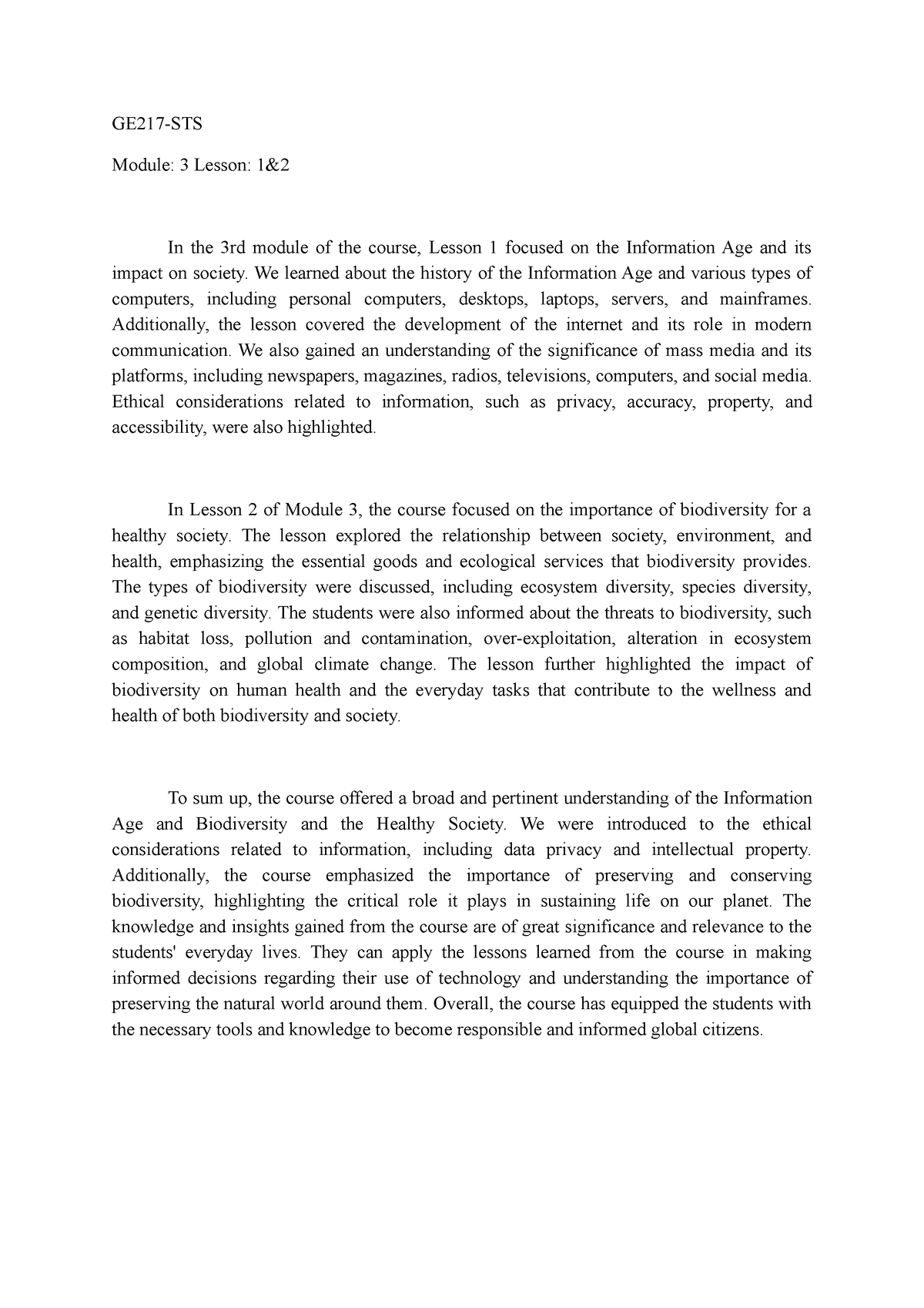 Sts - narrative - GE217-STS Module: 3 Lesson: 1& In the 3rd module of ...