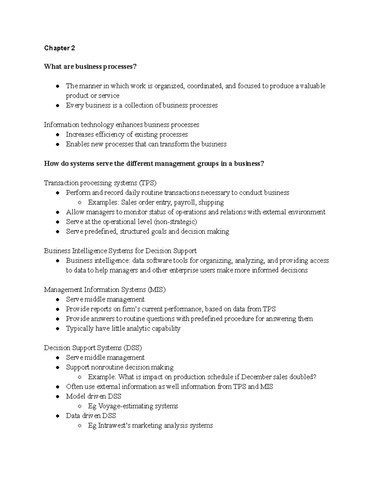 Chapter 2 - Class notes - Chapter 2 What are business processes? The ...