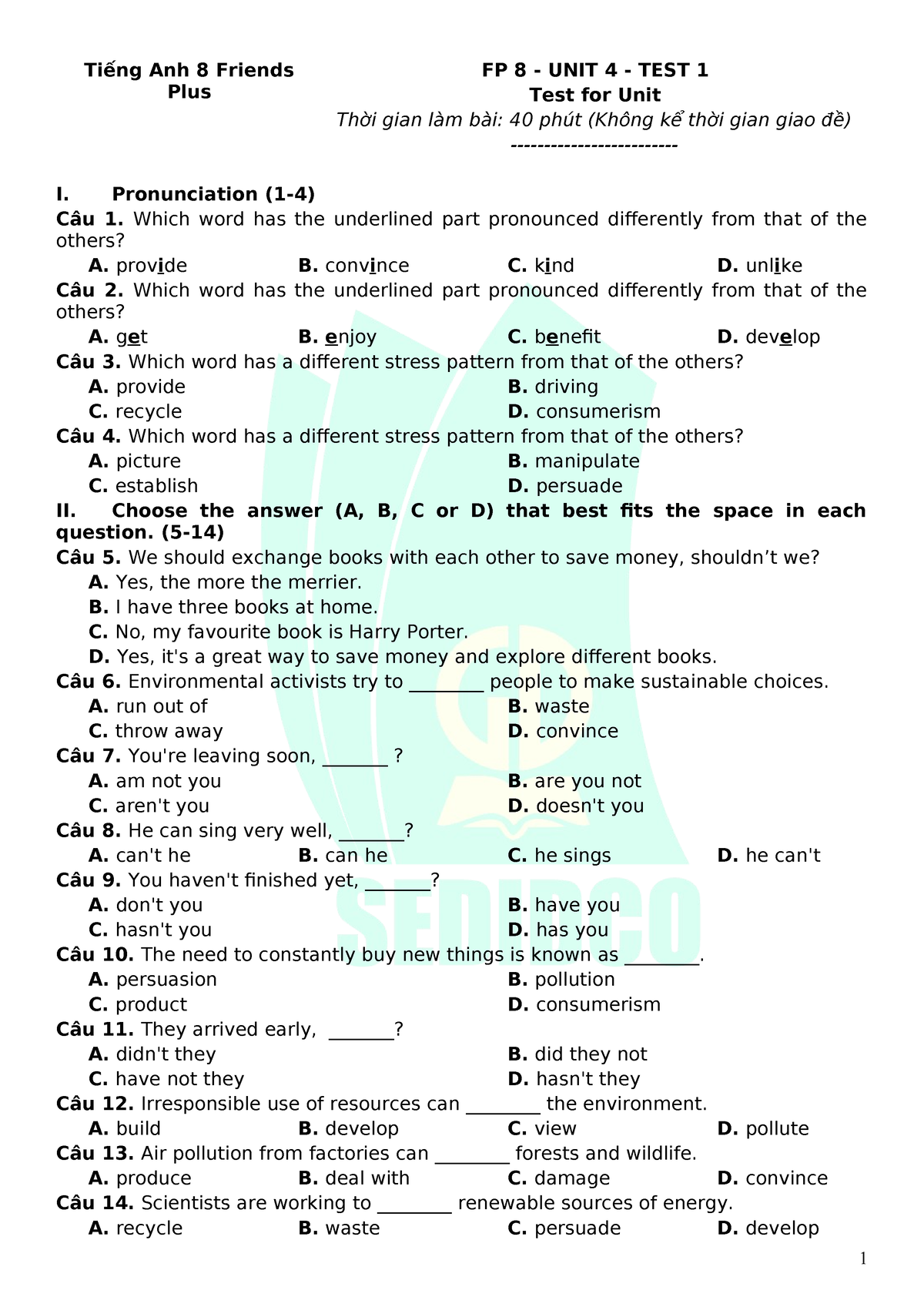 Bài ôn Tập Học Kì I - Unit 4 - Test 1 - Tiếng Anh 8 Friends Plus FP 8 ...