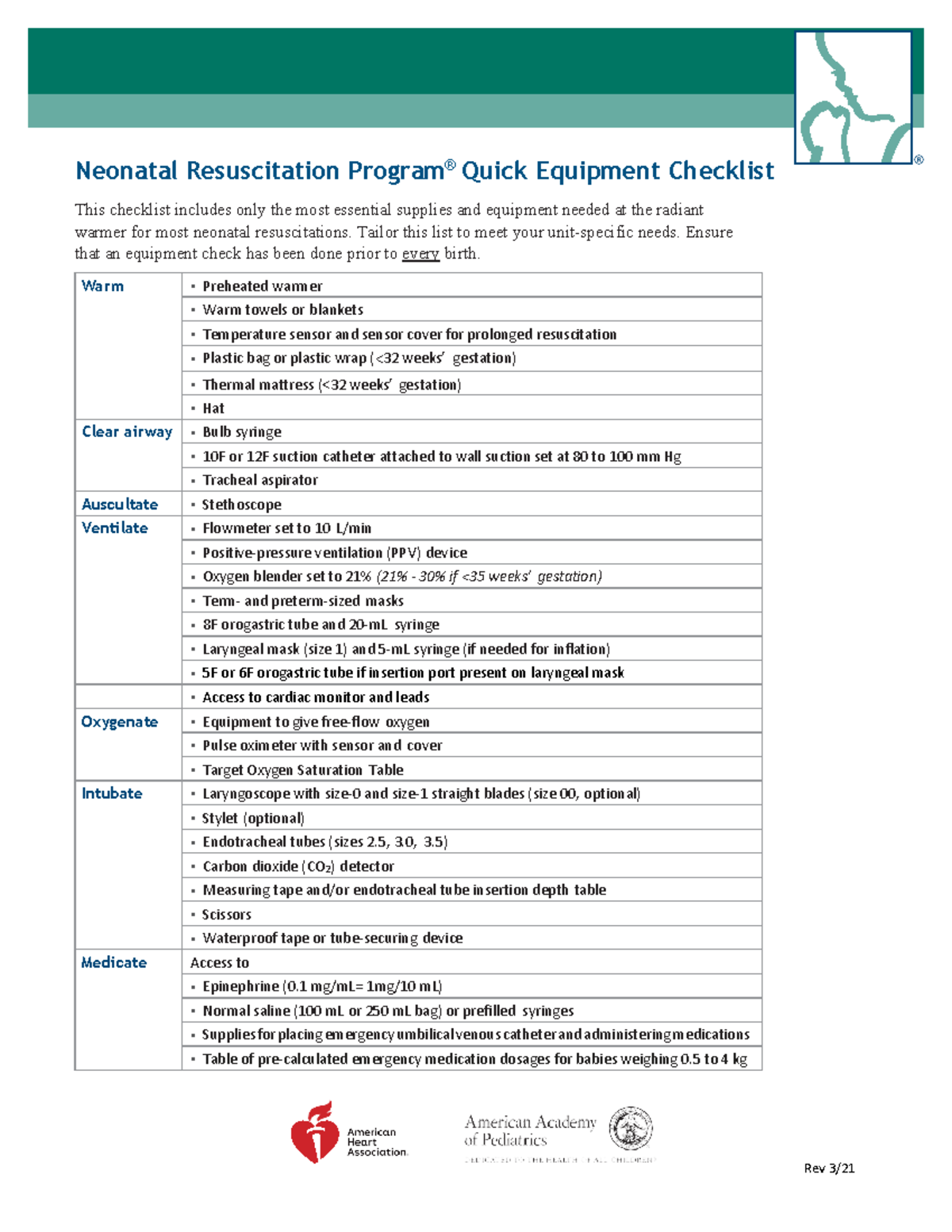 NRP 8th ed ITK Quick Equip Chklst - Rev 3/ This checklist includes only ...
