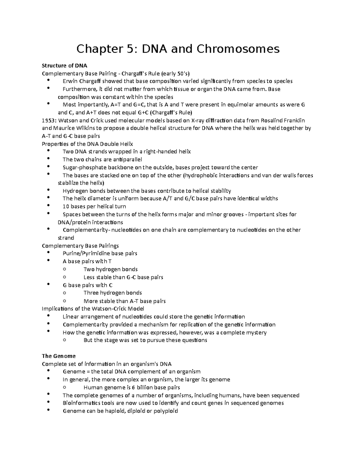 Biol 213 Notes Unit 3 (half) - Chapter 5: DNA and Chromosomes Structure ...