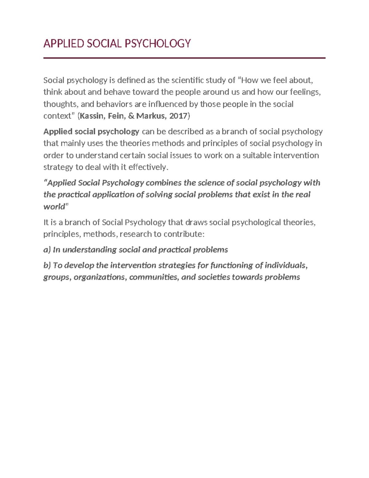 Applied Social Psychology - APPLIED SOCIAL PSYCHOLOGY Social psychology ...