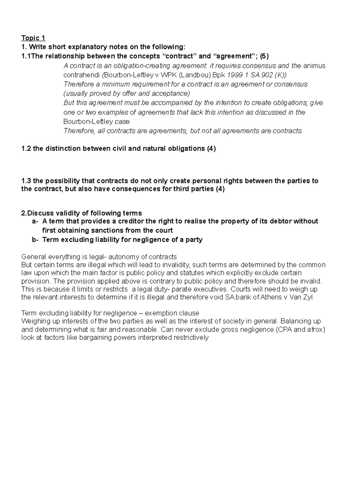 Contract Law Questions 1st Semester - Private Law 372 - SUN - Studocu