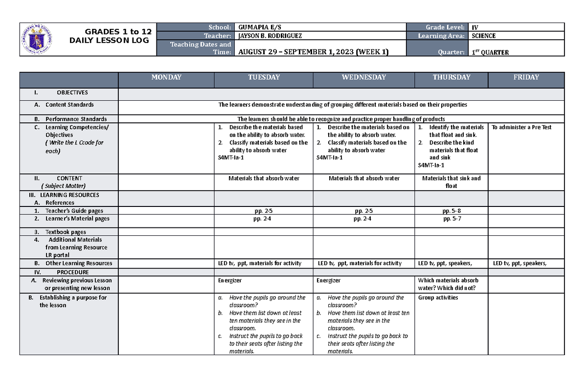 DLL Science 4 Q1 W1 - VCHGNJHV, - GRADES 1 to 12 DAILY LESSON LOG ...