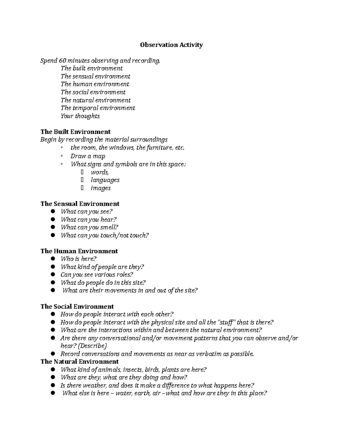 Fieldnote Activity - This is an assignment that she makes you do in ...