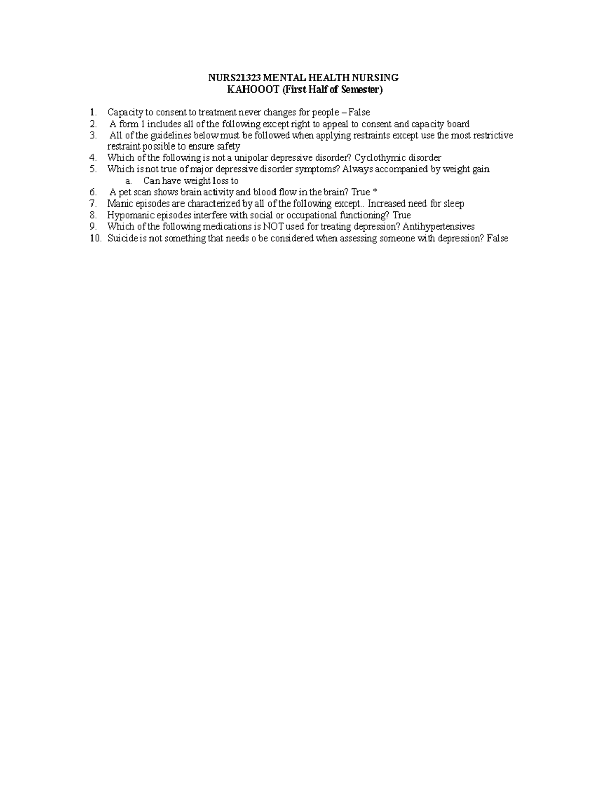 NURS21323- Kahoots - NURS21323 MENTAL HEALTH NURSING KAHOOOT (First ...