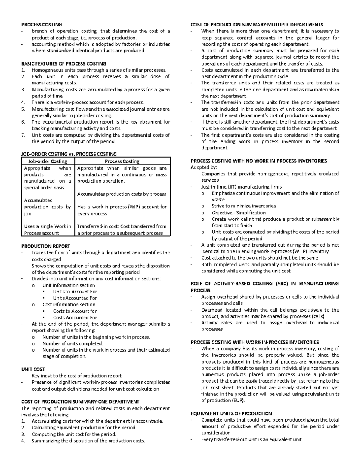 Notes - process costing.docx - PROCESS COSTING branch of operation ...