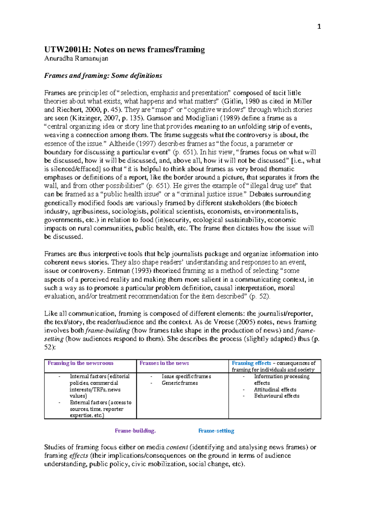 News frames and framing UTW2001H Notes on news frames/framing