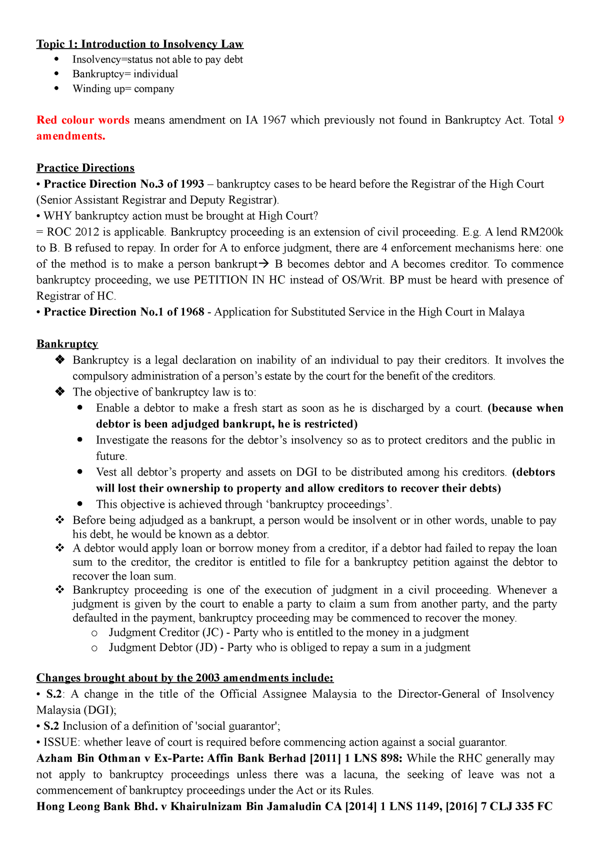 Introduction to Insolvency Law latest note - Topic 1: Introduction