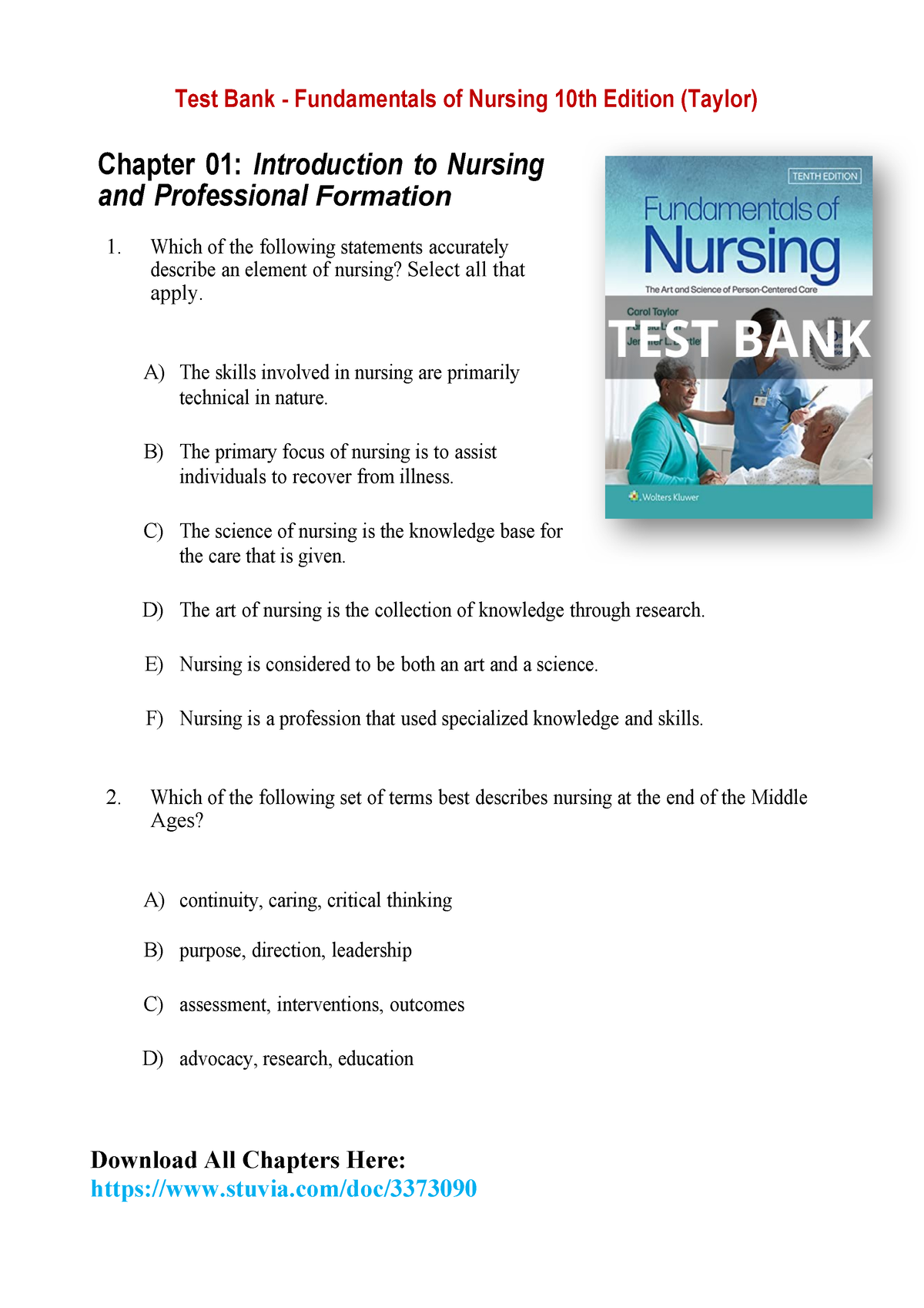 Test Bank For Fundamentals Of Nursing 10th Edition Taylor A+ Ultimate ...