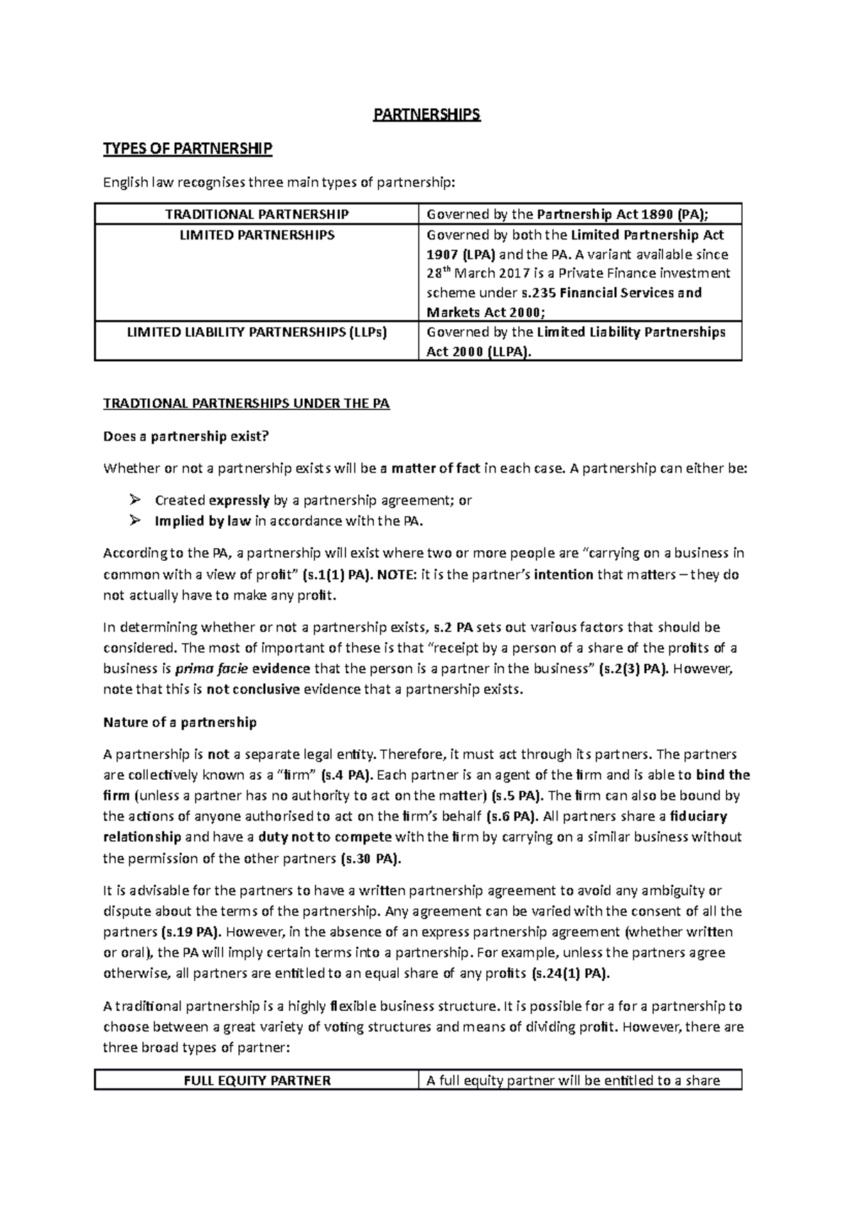 Partnerships - Revision materials for BLP module. - PARTNERSHIPS TYPES ...