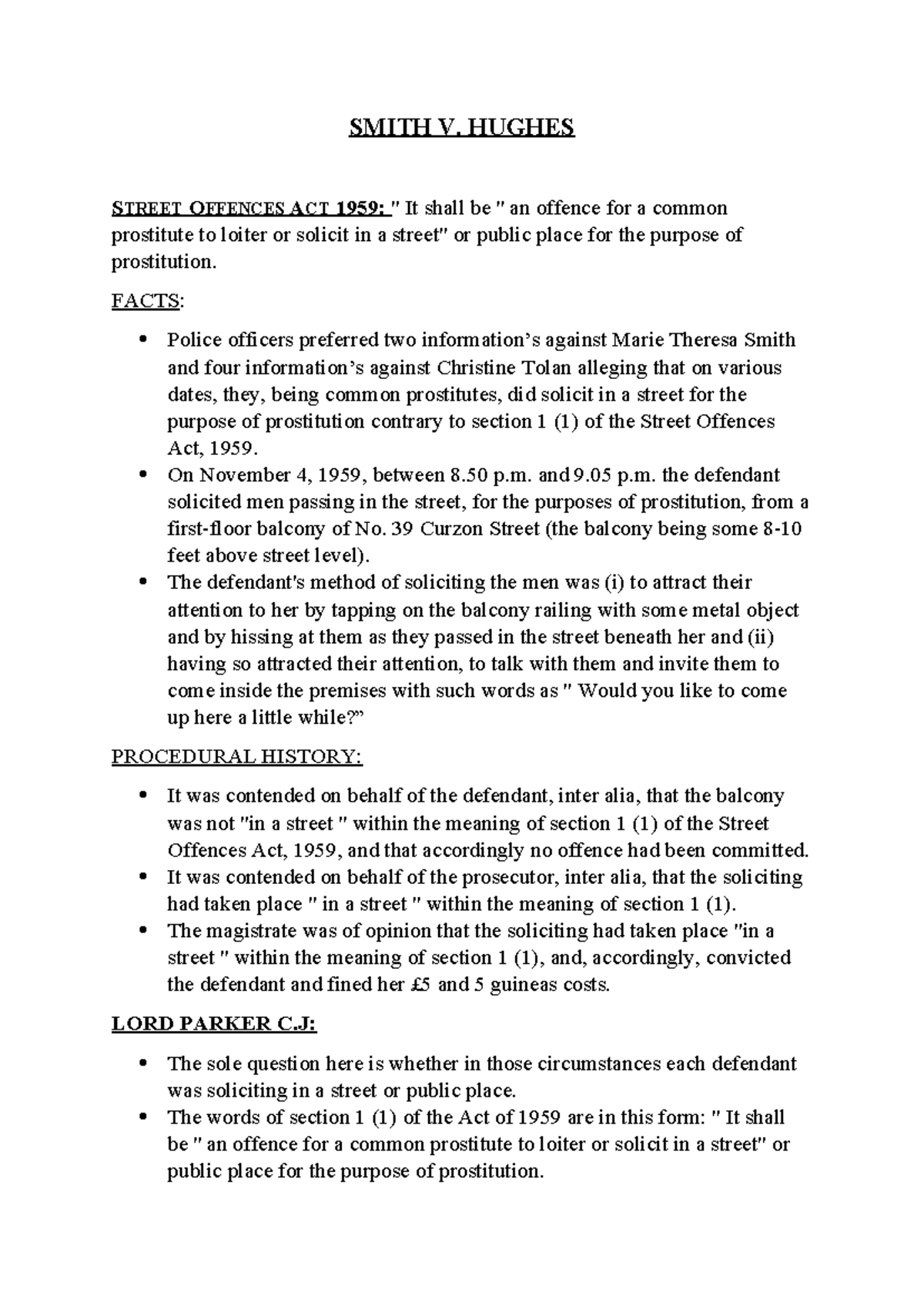 Smith V. Hughes npc Summary Criminal justice SMITH V. HUGHES STREET
