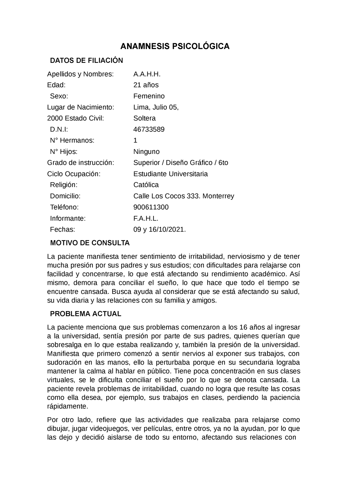 Modelo Anamnesis Psicologica Anamnesis PsicolÓgica Datos De FiliaciÓn Apellidos Y Nombres Aa 