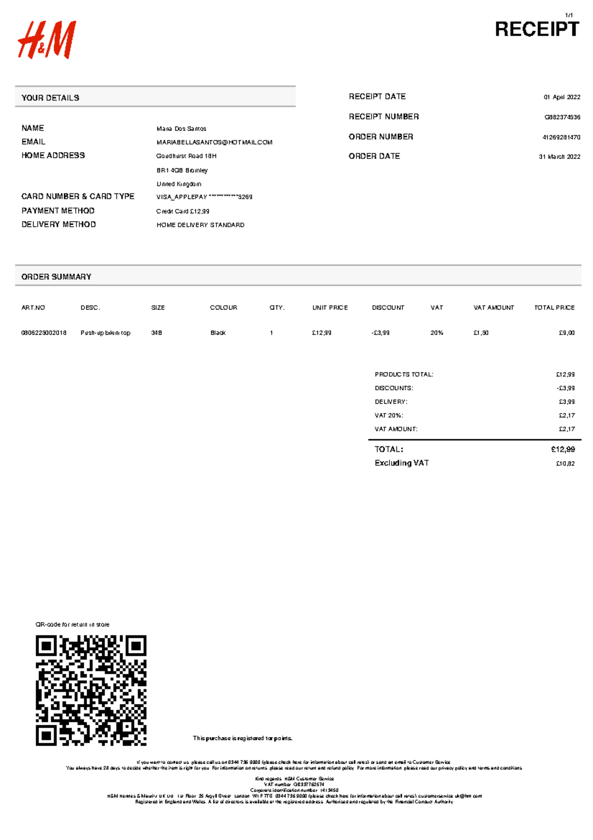 H&M return in store - Nothing here tbh - 1/ RECEIPT YOUR DETAILS NAME ...