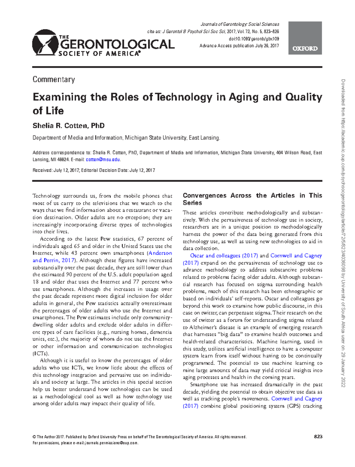 Examining the roles of technology in aging and quality of life - © The ...