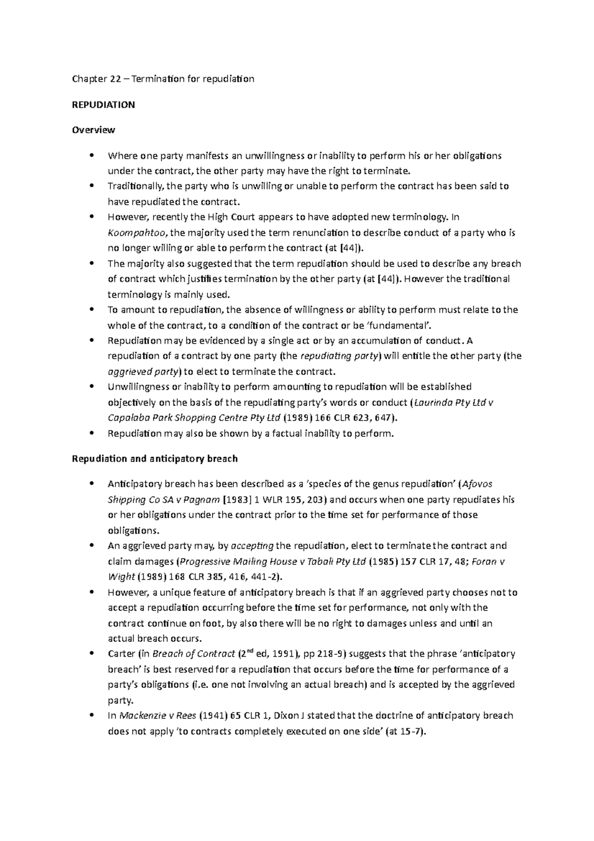 Summary Contract: Cases and Materials chapter 22, termination for ...