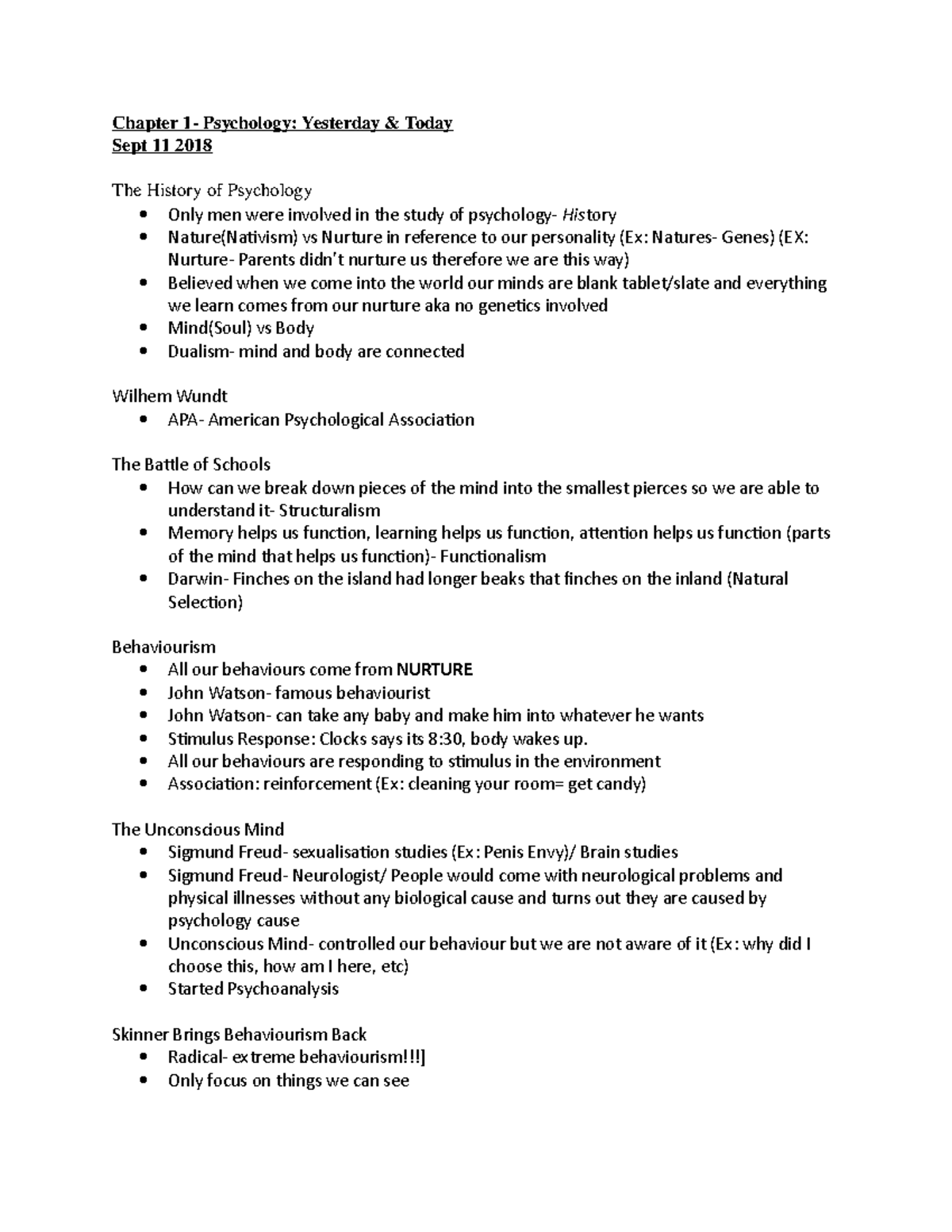 Chapter 1 - Lecture notes 1 - Chapter 1- Psychology: Yesterday & Today ...